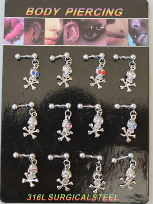 Stainless steel skulls attached to piercing bar BO0020